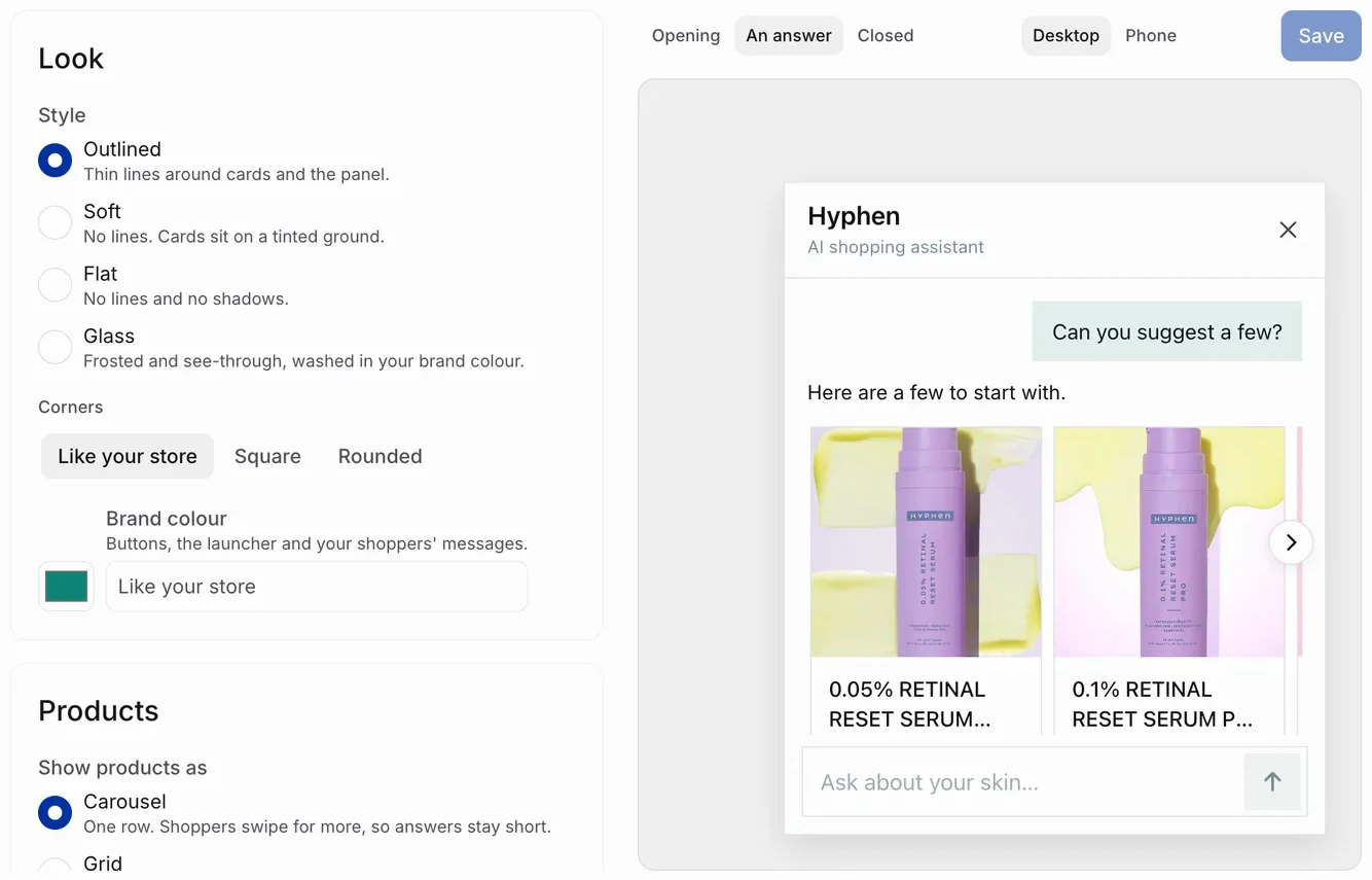 Studio’s Widget settings: style, corners and brand colour beside a live sample of the chat.
