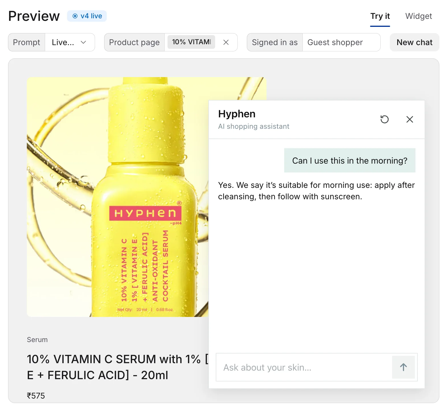 Studio’s Preview screen, set to a product page. Asked “Can I use this in the morning?”, the assistant answers about that product.
